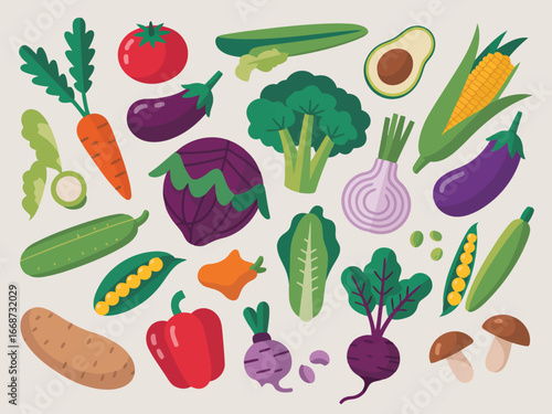 Vibrant flat lay illustration showcasing a diverse assortment of fresh produce and ingredients