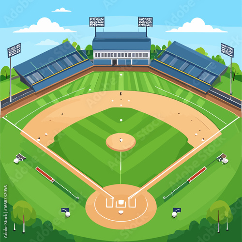 Cartoon Baseball Field with Stadium, Green Grass, and Detailed Diamond Layout.
