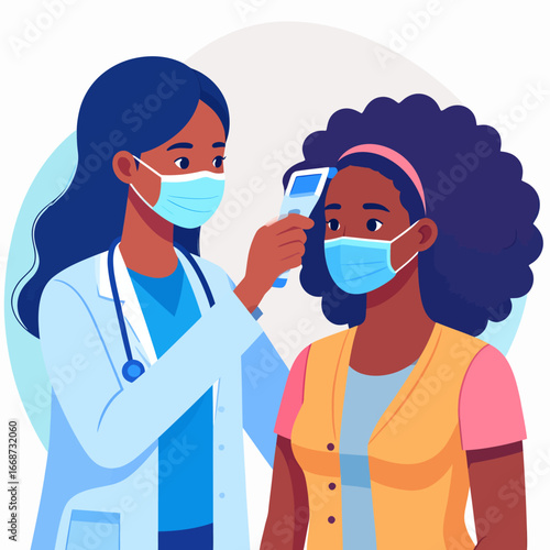 Cartoon doctor checking patients temperature with a non-contact thermometer, both wearing blue medical masks.