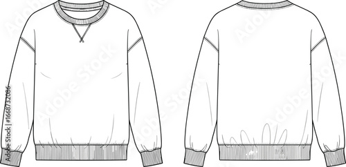 PrintTechnical vector illustration of crewneck sweatshirt with dropped shoulders, ribbed collar cuffs hem, V‑stitch neckline detail, front and back garment views
