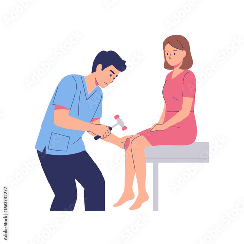 Doctor Examining Patients Knee with Reflex Hammer.