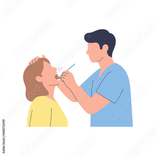 Male dentist in blue scrubs performing a dental check-up on a female patient with an open mouth.