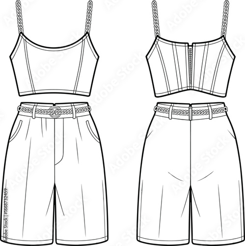 PrintTechnical vector illustration of crop top with spaghetti straps and high‑waisted shorts with belt, front and back garment fashion design views