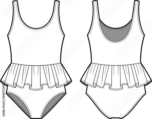 PrintTechnical vector illustration of girl’s one‑piece swimsuit with peplum waist, front and back views, fashion flat design for garment production