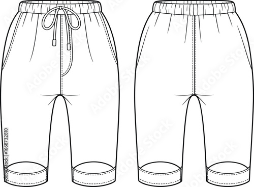 PrintTechnical vector illustration of knee‑length shorts front and back views with drawstring waistband, elastic back, side pockets, cuffed hem, detailed garment construction elements