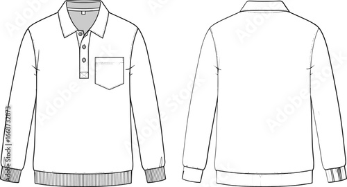 PrintTechnical vector illustration of long‑sleeve polo shirt front and back view with collar, placket, chest pocket, ribbed cuffs, and hem