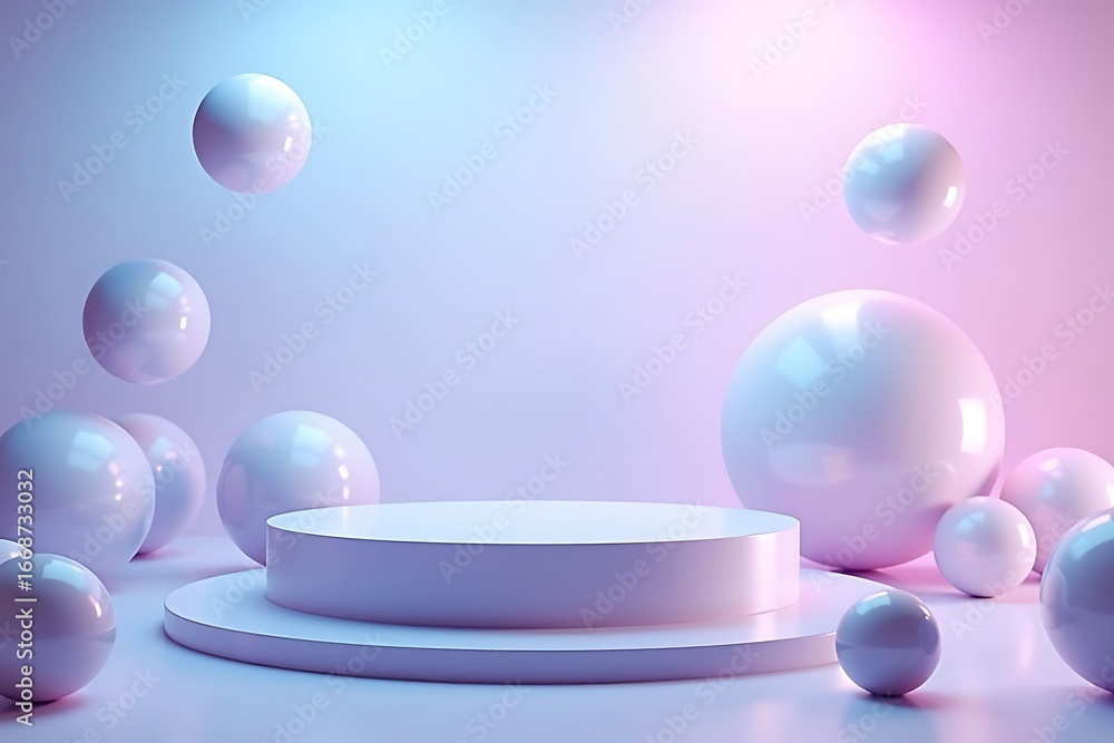 Obraz premium Modern 3d podium with floating spheres and soft pastel lighting