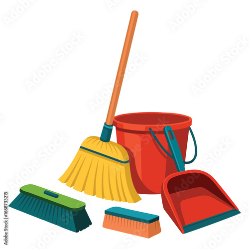 Housework broom mop cleaning tools dustpan isolated vector illustration on white background