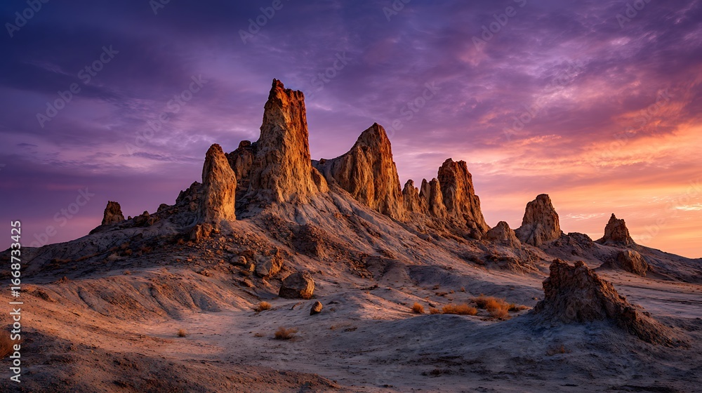 Fototapeta premium Sunset's Embrace: A breathtaking landscape of rugged rock formations under a vibrant sunset sky.