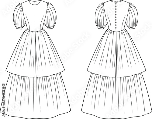 PrintTechnical vector illustration of puff sleeve tiered dress with button back bodice, front and back garment views for fashion design templateTechnical vector illustration