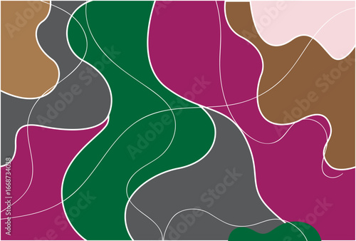 Abstract composition of overlapping organic shapes in burgundy, dark green, muted gray, and beige with delicate white dashed lines, flowing movement, textured dynamic modern