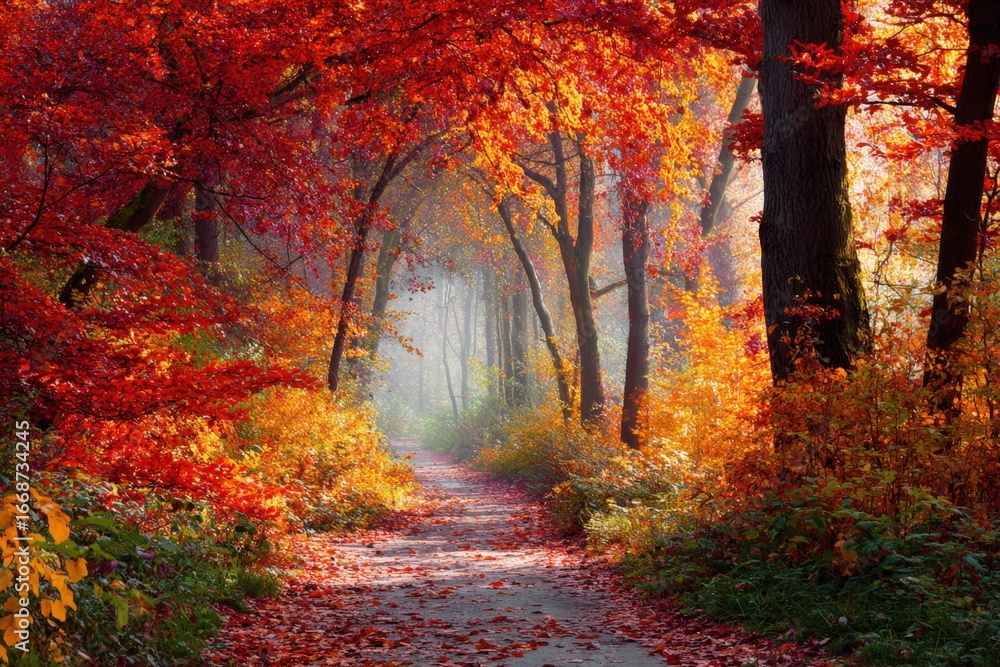 Fototapeta premium Serene Forest Path with Golden and Red Leaves in Autumn