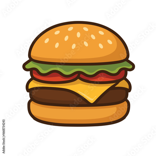 Cartoon style burger with cheese lettuce and tomato isolated on white background vector illustration