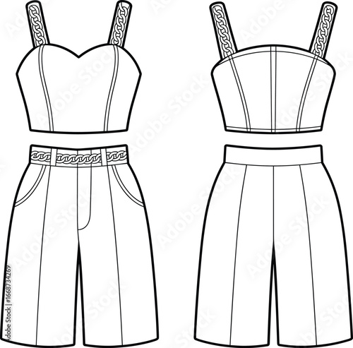 PrintTechnical vector illustration of two‑piece crop top and high‑waisted culotte pants with braided straps, front and back fashion garment design views