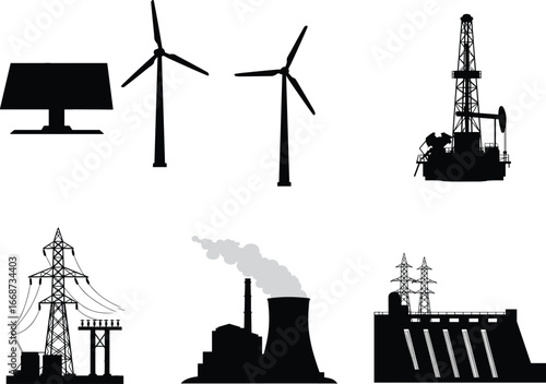 Silhouette of energy sources, solar panel, wind turbine, oil rig, power plant, hydro dam, electricity grid, renewable energy, fossil fuel, industrial production