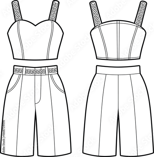 PrintTechnical vector illustration of two‑piece crop top and high‑waisted shorts with braided strap detail, front and back fashion design views
