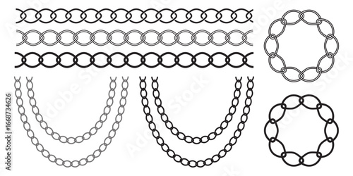 Set of black isolated silhouette of chains on white background. Seamless pattern of chain. Decorative border. EPS 10.