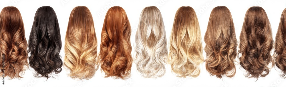 Fototapeta premium Variety of wavy hair colors against a white background