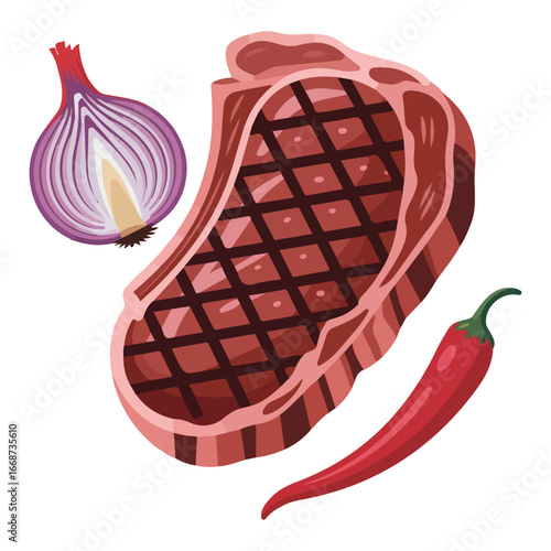 Steak and herb ingredients onion tomatoes meat isolated vector illustration on white background