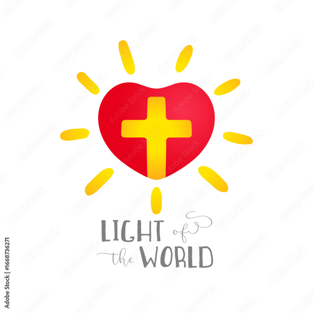 Obraz premium Red heart and yellow cross inside it, creative sun. Religious emblem. Shiny heart. Light of the World - Christian symbol. T shirt graphic