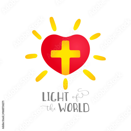 Red heart and yellow cross inside it, creative sun. Religious emblem. Shiny heart. Light of the World - Christian symbol. T shirt graphic
