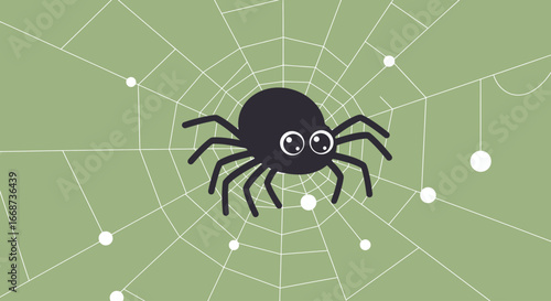 This Flat Design illustration presents a friendly, cartoonish spider with big, gentle eyes, perched delicately on a minimalistic spiderweb adorned with glistening dewdrops. 