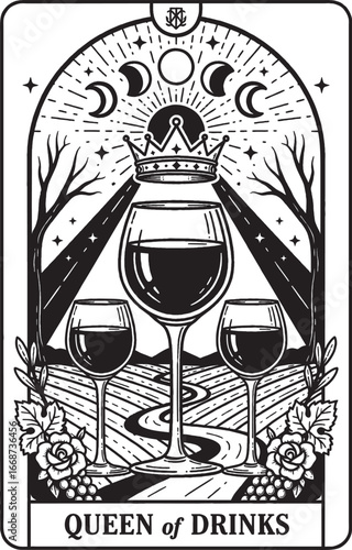Tarot Card Queen of Drinks with Wine Glasses
