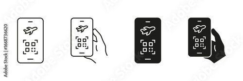 Smartphone Boarding Pass With Qr Code And Airplane Icon Set. Digital Ticketing And Mobile Check-In Outline And Silhouette Symbol Collection. Isolated Vector Illustration