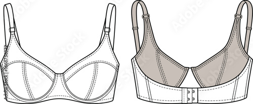 PrintWomen's bra fashion technical flat sketch, lingerie design vector template, undergarment apparel illustration, adjustable strap, front and back viewWomen's bra fashion technical flat sketch, 