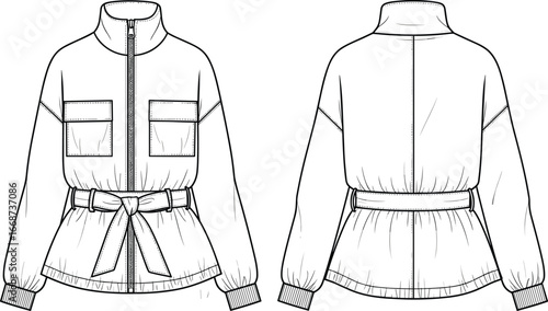 PrintWomen's fashion jacket technical flat sketch, front and back view, belted waist, high collar, chest pockets, ribbed cuffs, apparel design vector illustration
