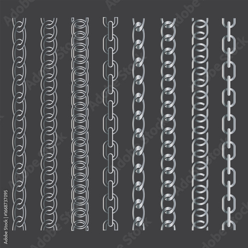 Chrome metal chains isolated on white background. Vector realistic set of straight heavy steel chains with different size links. Frame or border pattern with connected stainless rings. EPS 10.