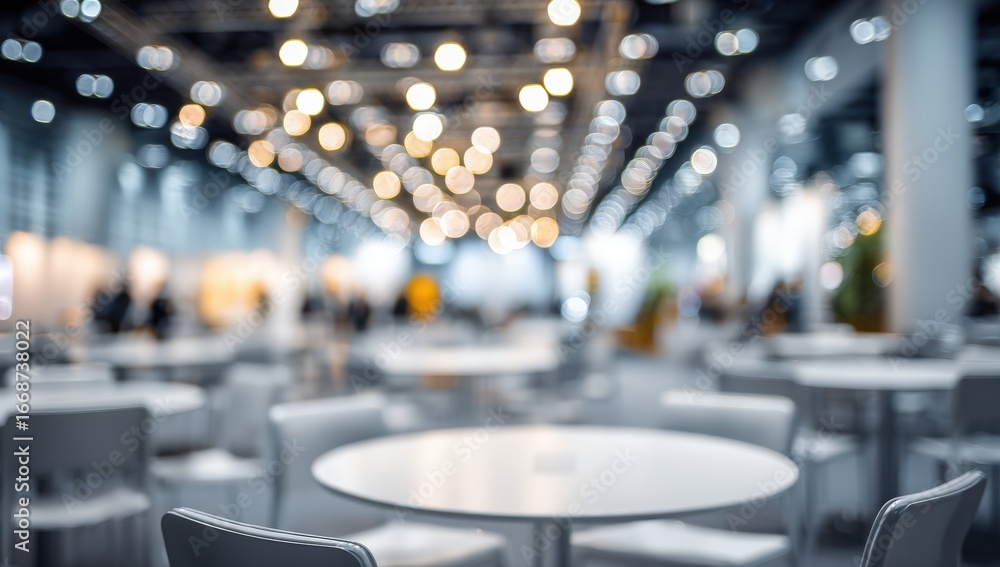 Obraz premium Blurred indoor exhibition hall with tables and chairs