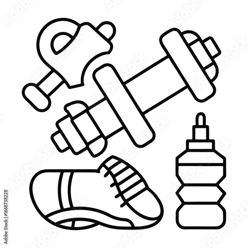 Fitness equipment icons including a dumbbell shoe and water bottle