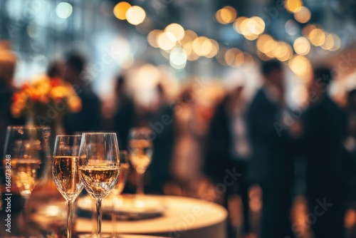 A blurred view of a celebratory gathering.  Glasses of champagne