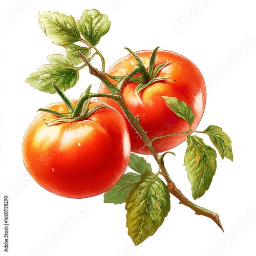 Two ripe tomatoes with leaves on branch on transparent background