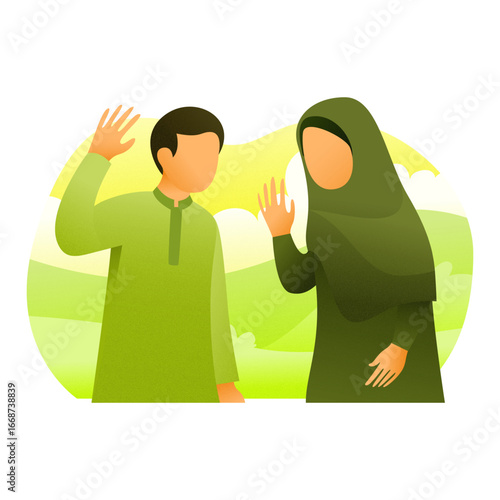Illustration of a Muslim man and woman greeting each other with a friendly gesture. Perfect for themes of communication, culture, Islamic lifestyle, and respect.
