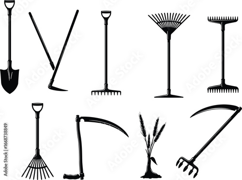 Silhouette of gardening tools, shovel, hoe, rake, scythe, pitchfork, hand tools, agriculture equipment, farming, planting, harvest, soil cultivation, landscape work