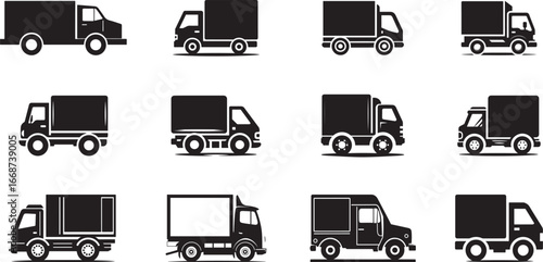 Collection of Delivery Trucks and Vans Depicted as Vector Silhouettes