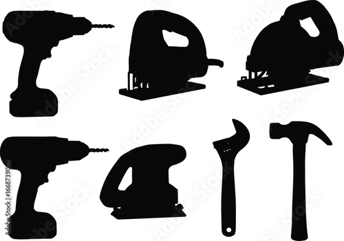 Silhouette of construction tools, electric drill, jigsaw, sander, wrench, hammer, woodworking equipment, repair tools, carpentry, DIY hardware, industrial work instruments, machinery