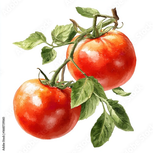 Two ripe tomatoes with leaves on branch on transparent background