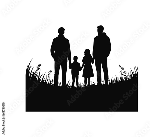 Silhouette vector of family standing on hilltop watching sunset in black and white isolated illustration