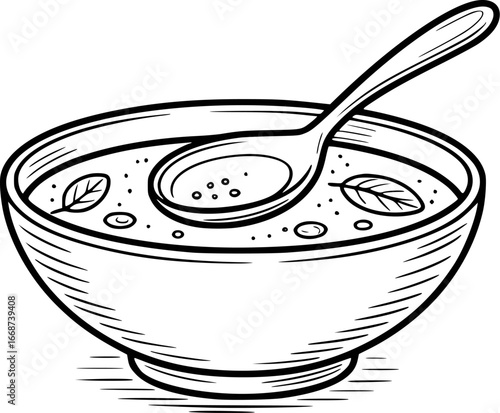 A black and white illustration of a bowl of soup with a spoon and basil leaves