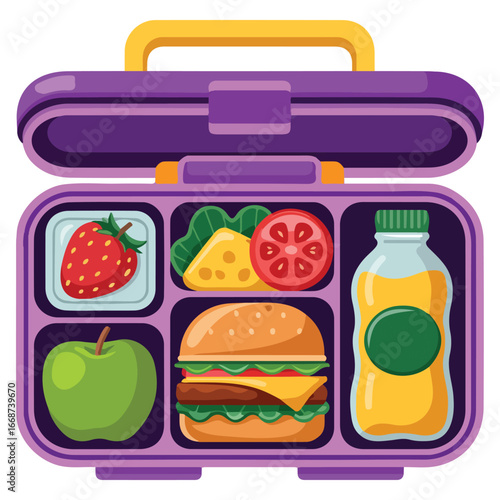 School lunch open lunchbox healthy food hamburger apple juice isolated vector illustration on white background