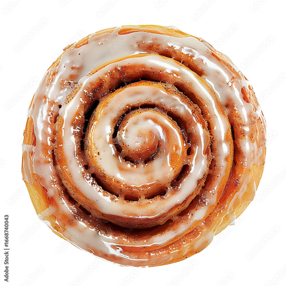 Fototapeta premium A top-down view of a glazed cinnamon roll with a spiral pattern