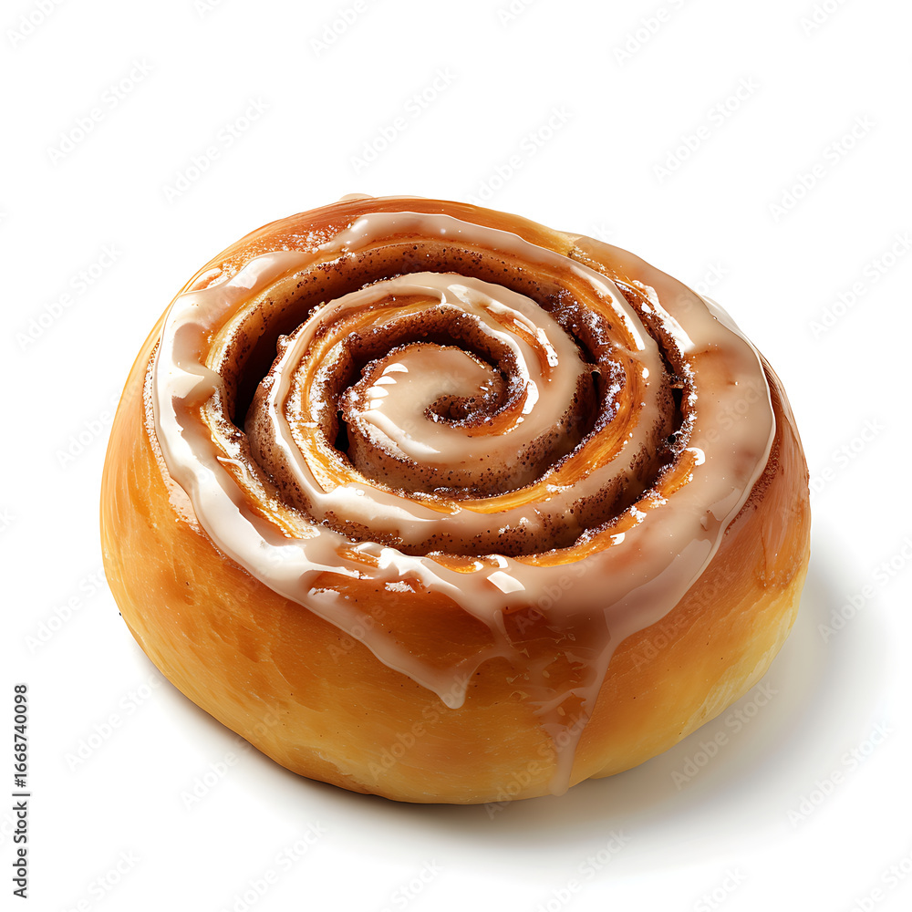 Fototapeta premium A freshly baked cinnamon roll with a glossy icing drizzle, presented against a clean white background.