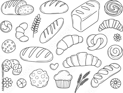 A charming collection of hand-drawn bakery items, including bread, croissants, cookies, and pastries