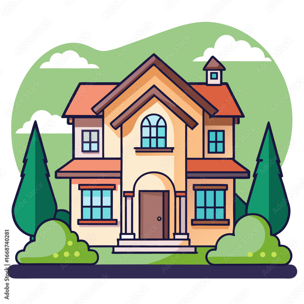 Naklejka premium Charming cartoon illustration of a two story suburban house with trees and clouds