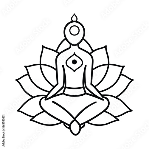 Stylized figure meditating in lotus pose with spiritual symbols