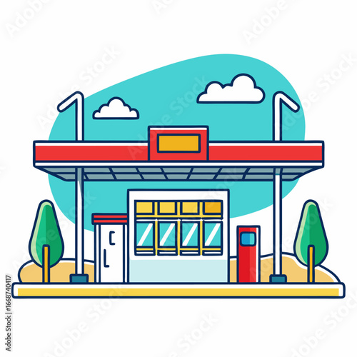 Modern flat design gas station with trees and clouds