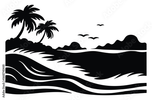 Tropical island paradise with palm trees ocean waves and flying birds silhouette